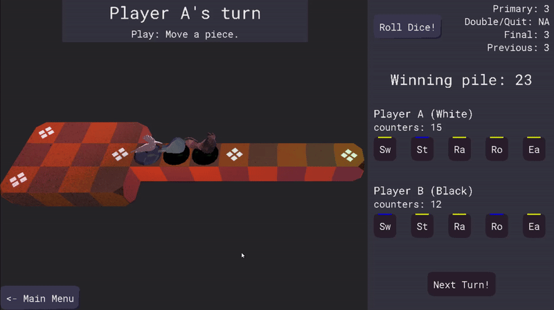 A small clip from the game showing a player's piece overtaking a couple of opponent pieces.